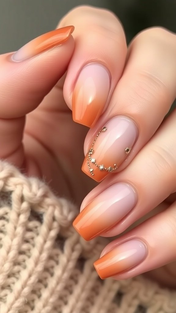 Warm brown ombre nails with creamy undertones, styled with a cozy brown sweater.