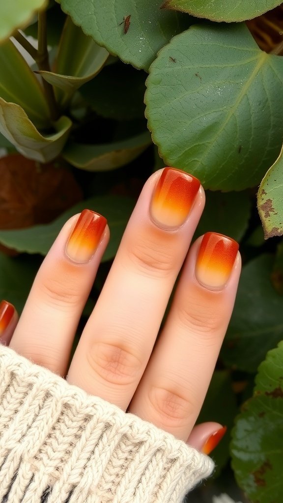A hand with brown ombre nails against green leaves