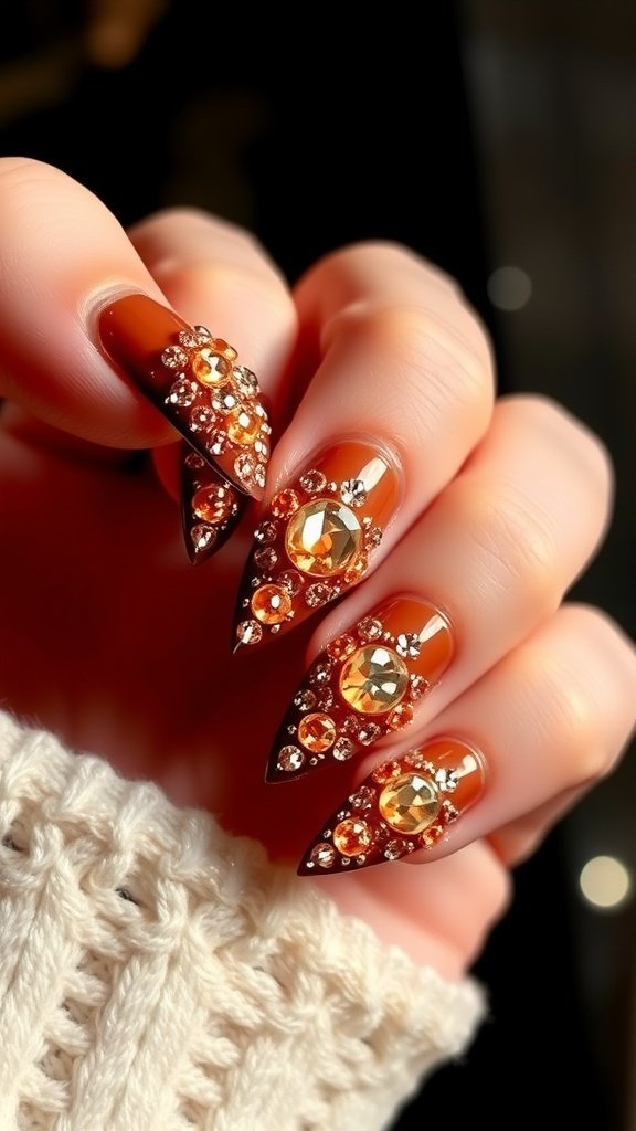 Brown ombre nails with rhinestone embellishments, showcasing a stylish and elegant design.