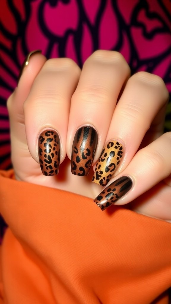 Nails featuring bold brown ombre and animal print designs, showcasing a mix of leopard spots and stripes.