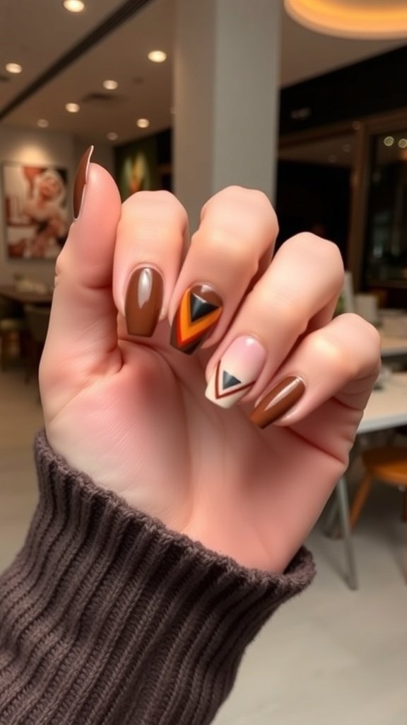 A hand showing brown ombre nails with geometric patterns, featuring solid brown shades and triangular designs.