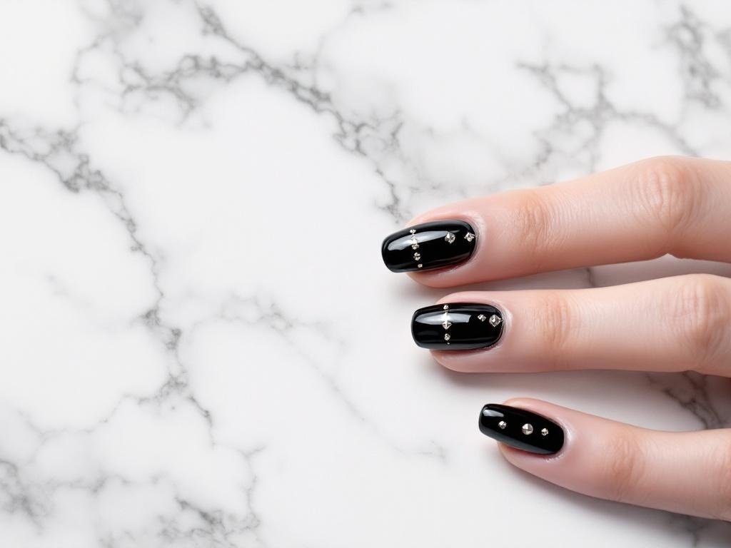 Close-up of shiny black chrome nails with stud accents on a marble surface