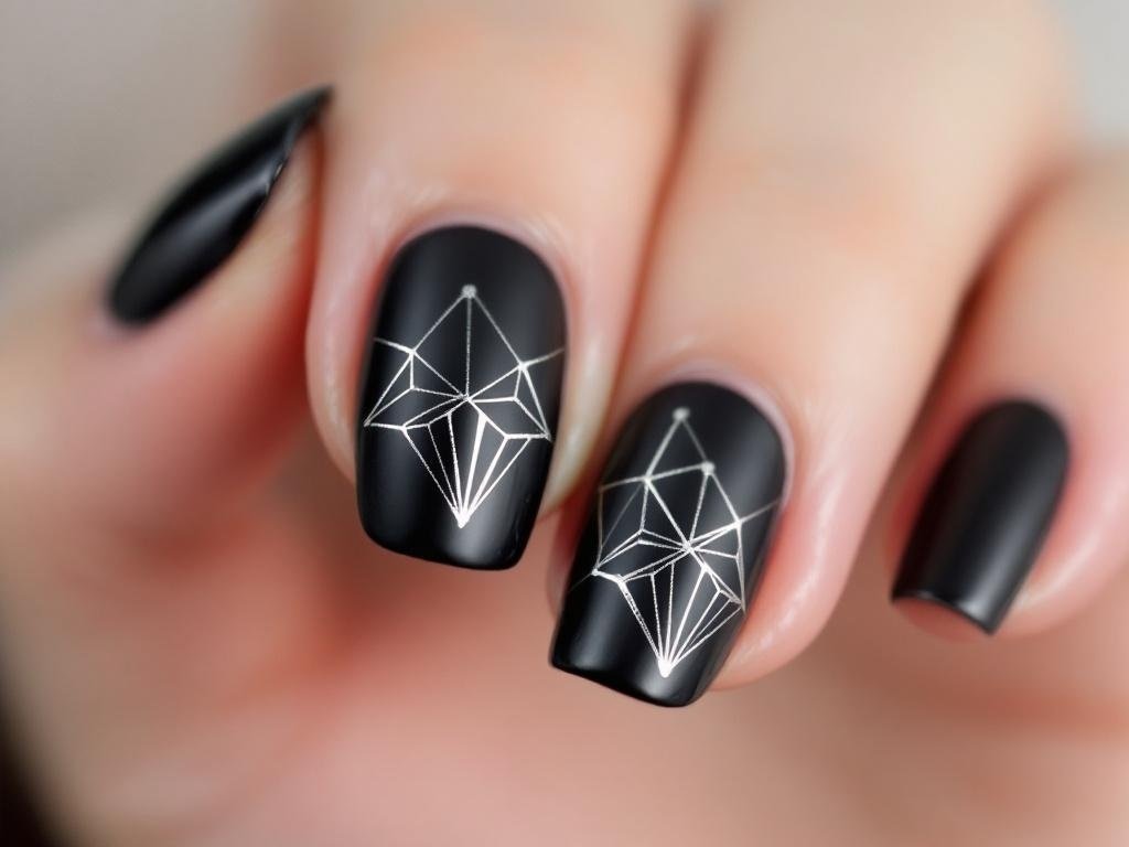 Close-up of matte black chrome nails with geometric patterns