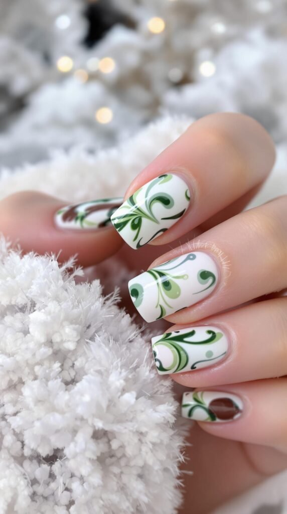 Nails with swirling green and white patterns on a soft white background