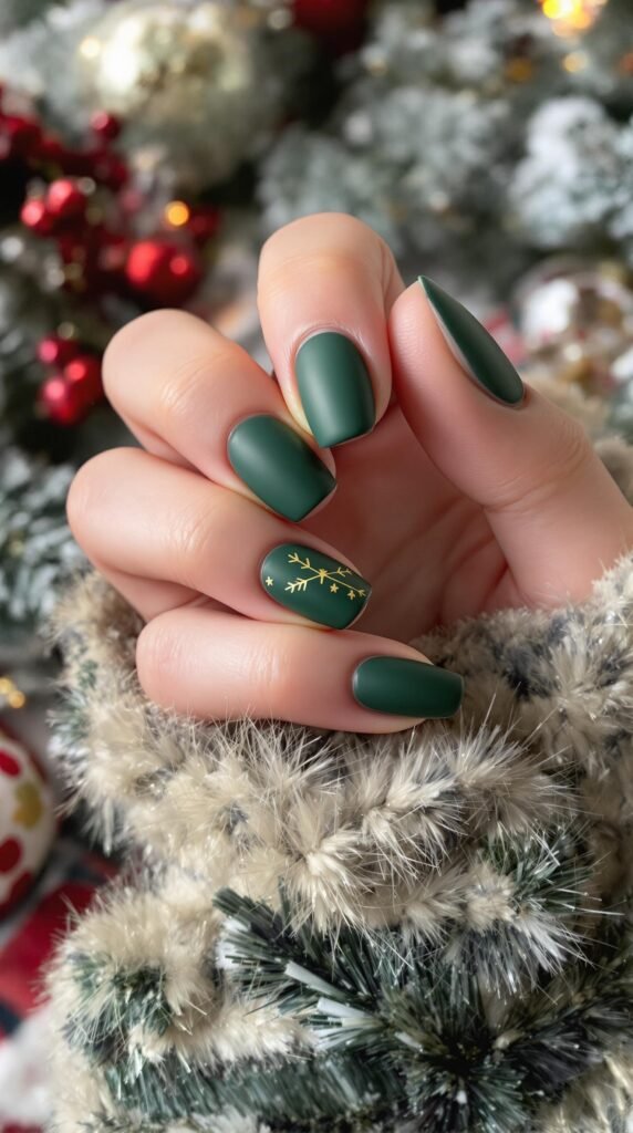 Matte forest green nails with gold accents, featuring a festive design.