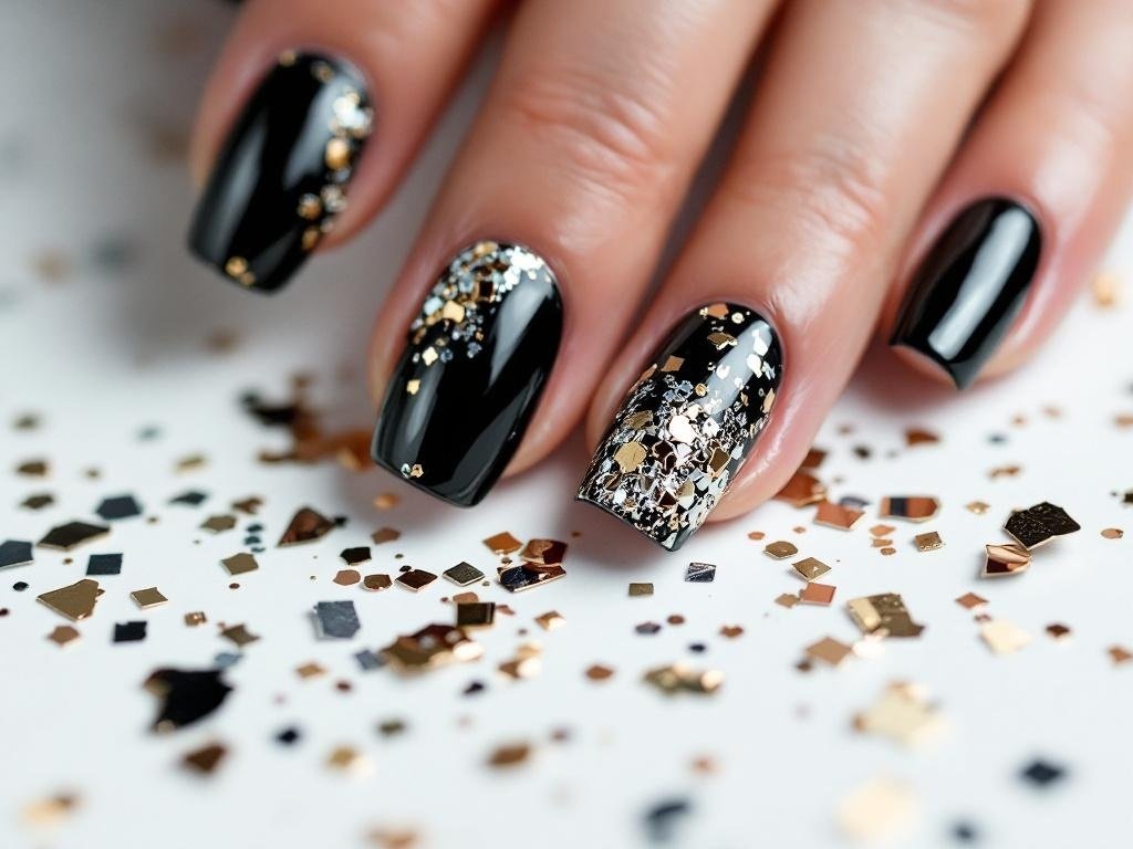 A close-up of textured black chrome nails with gold and silver foil pieces, showcasing a stylish and edgy nail design.