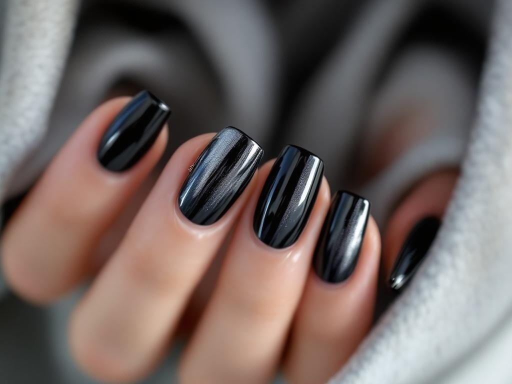 Nails featuring an ombre black chrome fade design, transitioning from black to shiny chrome.