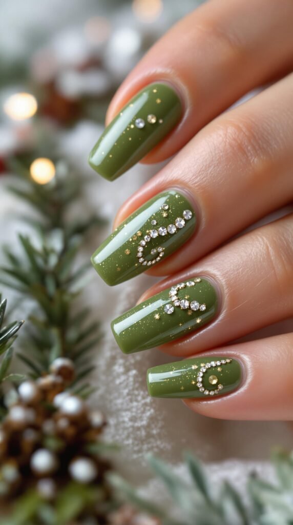 Close-up of olive green nails with rhinestones and glitter