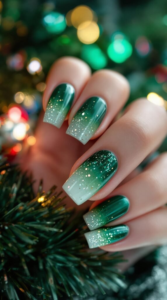 Emerald green glitter ombre nails with a festive background