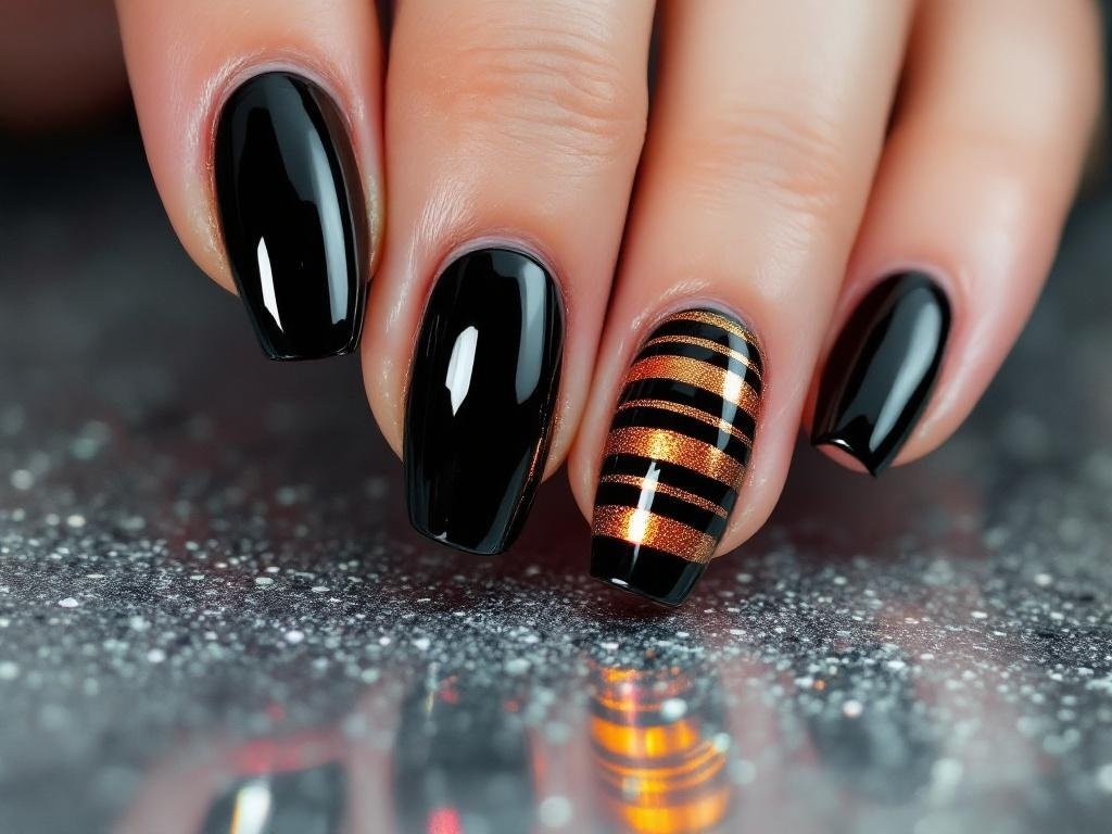Black chrome nails with striped accents in warm tones
