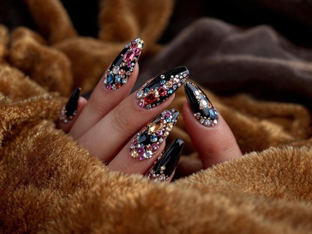 Close-up of black chrome nails adorned with colorful jewel embellishments on a soft brown background.
