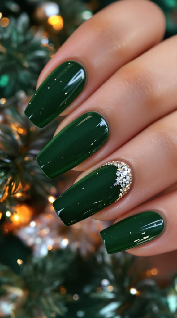 Velvet green nails with silver foil accents for a festive holiday look.