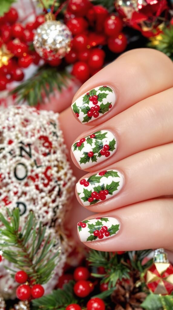 Nail art featuring holly leaves and red berries on a white background