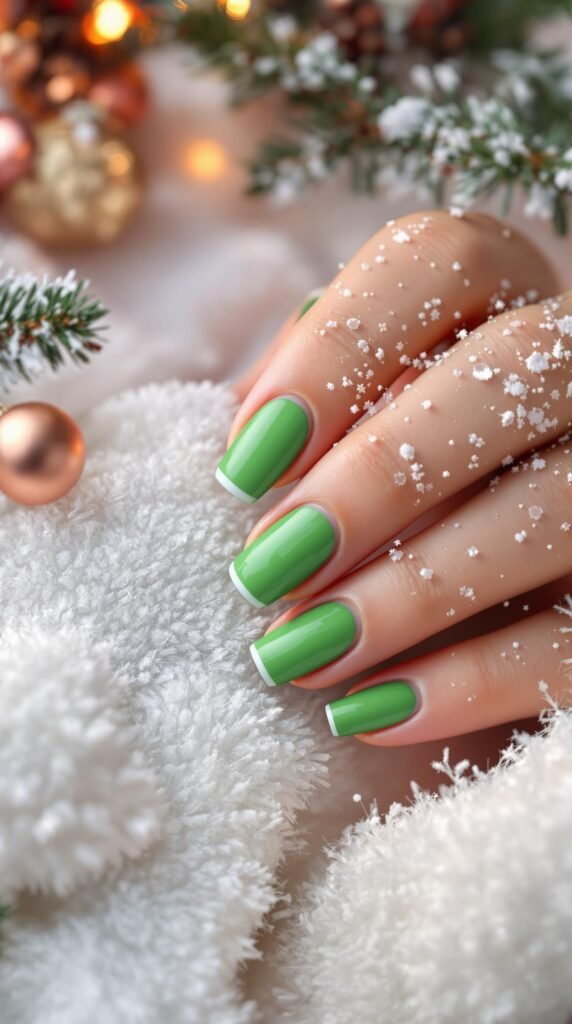 Close-up of hands with green French tip nails, surrounded by festive decorations and snow.
