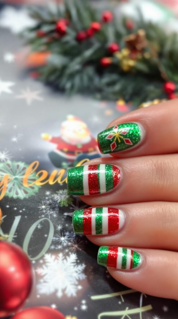 Close-up of glittery green and red striped Christmas nail design