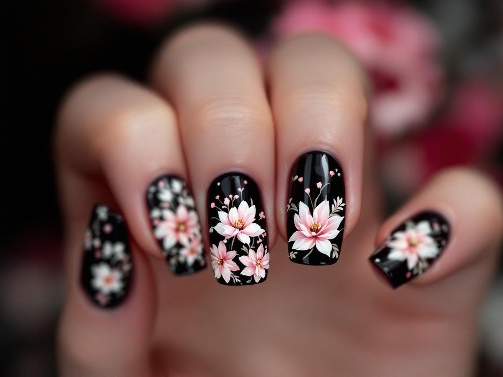 A close-up of black chrome nails adorned with floral designs in pink and white.