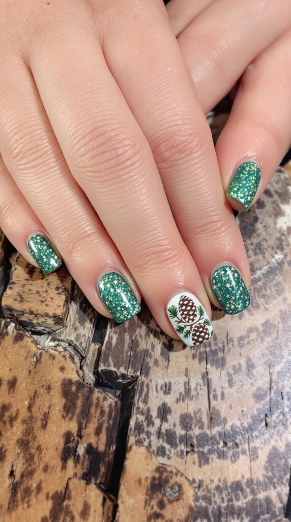 Nail design featuring glittery green polish and pine cone art