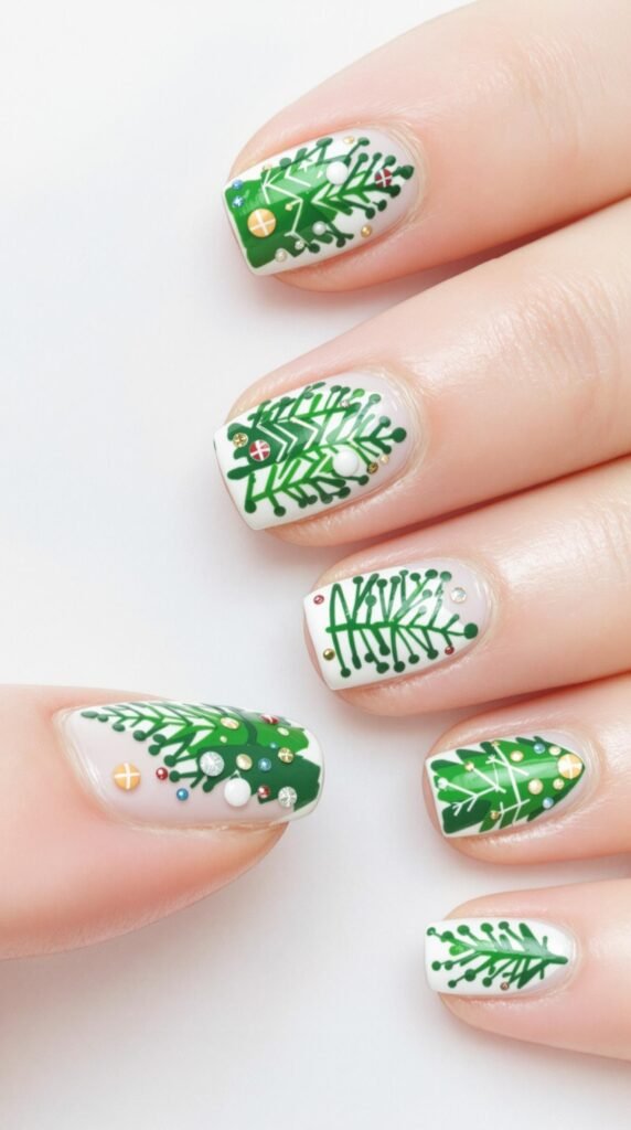 Nails featuring Christmas tree designs with colorful decorations on a light background.