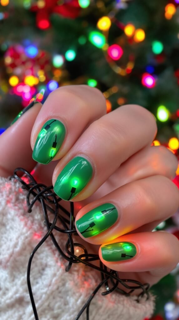 Nails painted in green with Christmas lights design.